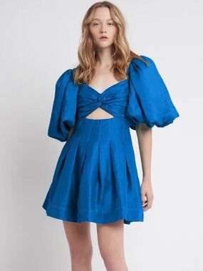 Aje Dusk Electric Blue Knot-Front Puff Sleeve Mini Dress